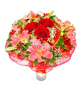 arrangement of roses lilies and alstroemerias